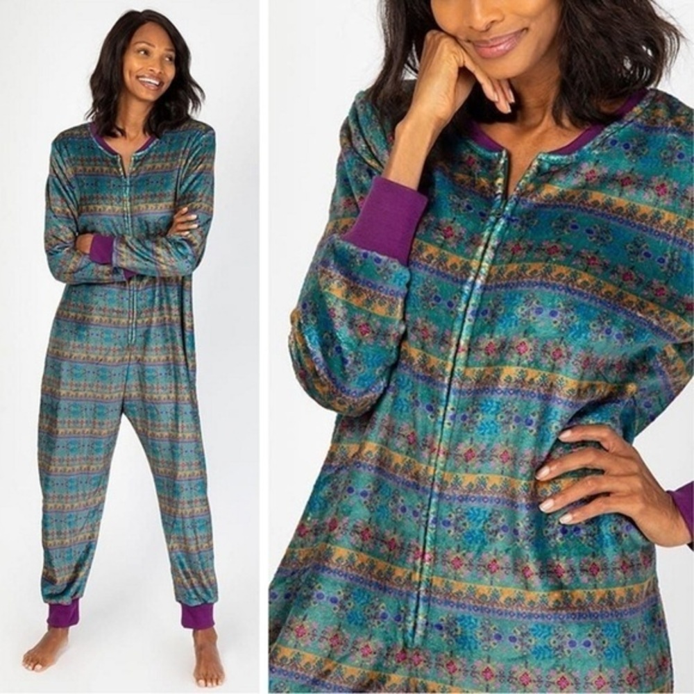 Natural Life Fleece One Piece Zip Up Pajamas Floral Stripe Teal